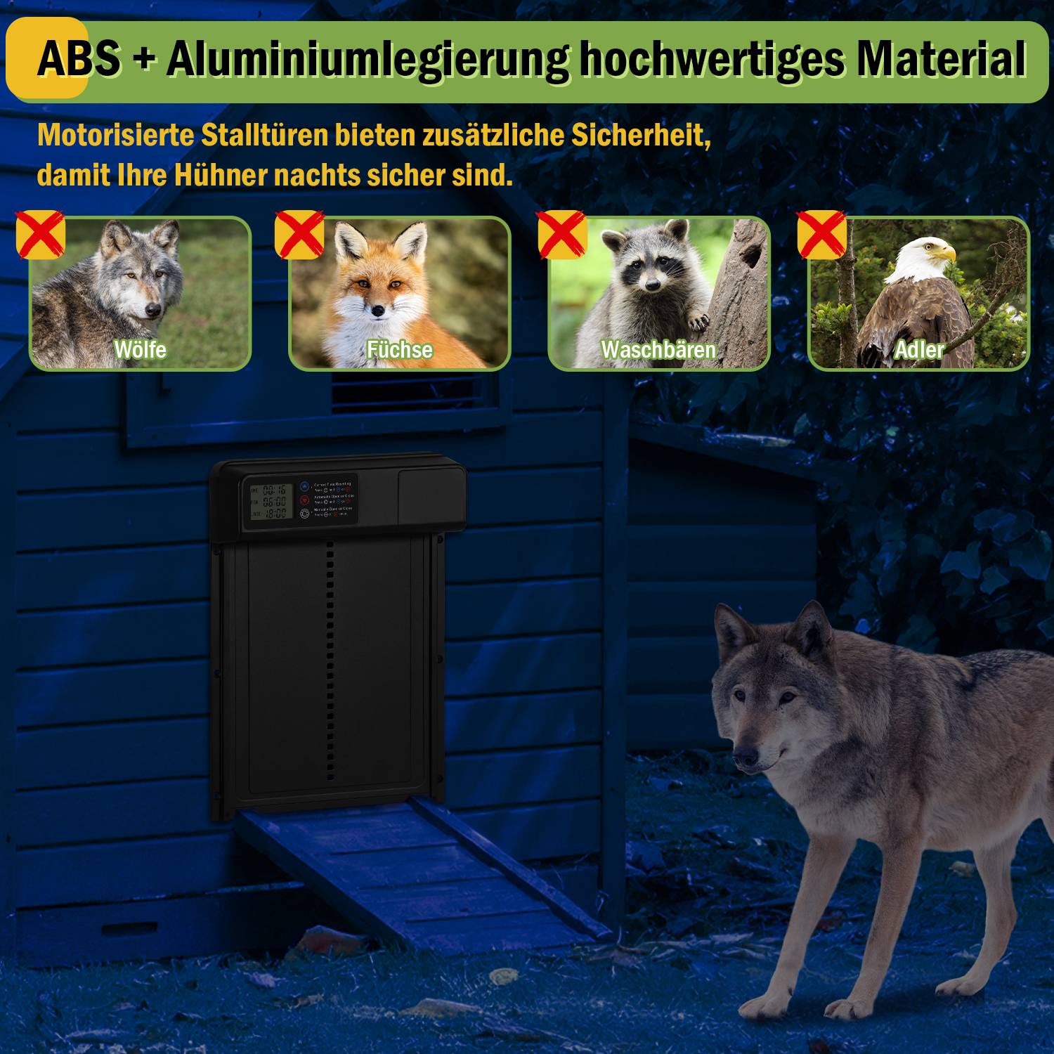 Automatische Hühnerklappe - Große mit Zeit/Handmodus Einklemmschutz, LCD-Display, IPX4wasserdicht, schwarz, mit Einklemmschutz, 33x24,5 cm