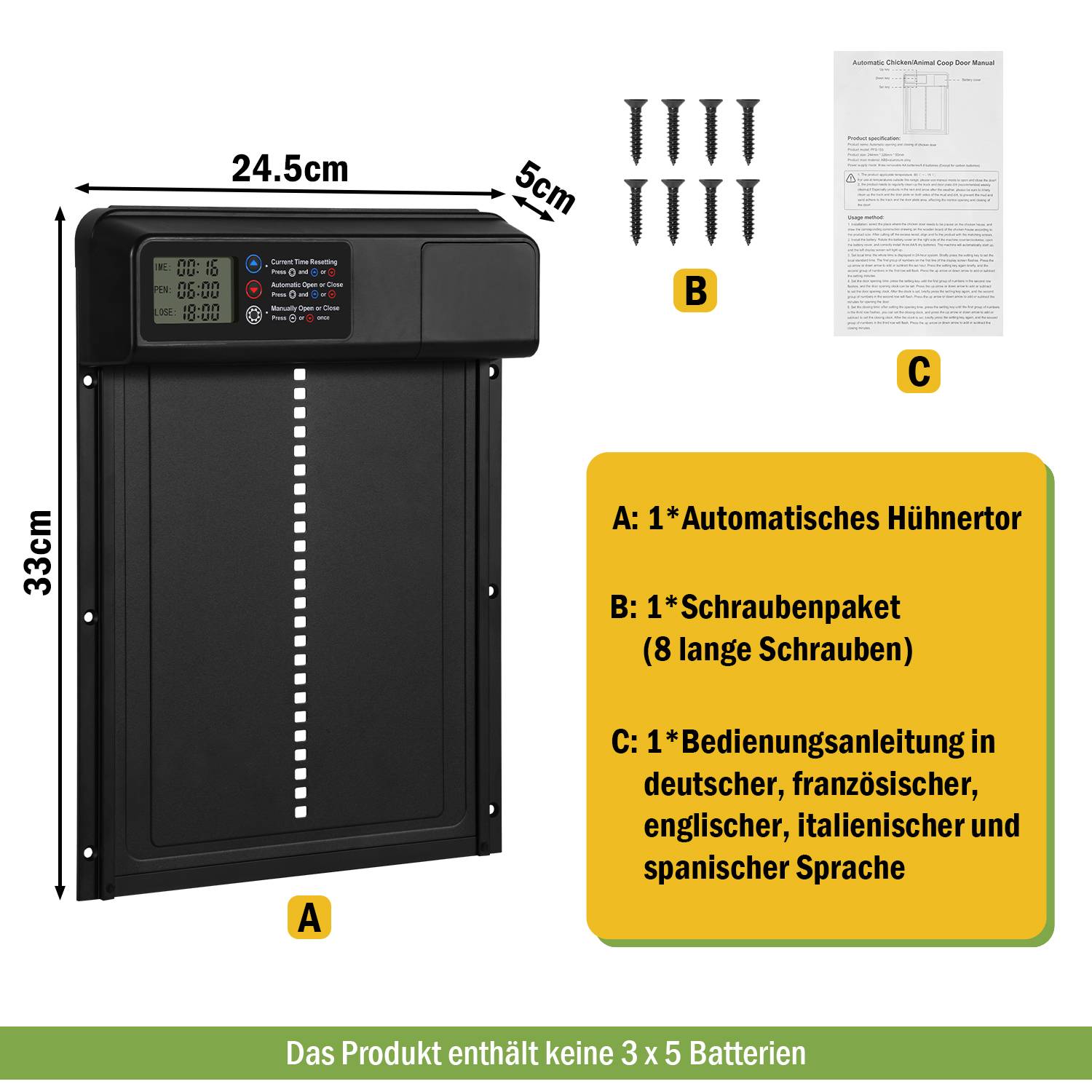 Automatische Hühnerklappe - Große mit Zeit/Handmodus Einklemmschutz, LCD-Display, IPX4wasserdicht, schwarz, mit Einklemmschutz, 33x24,5 cm
