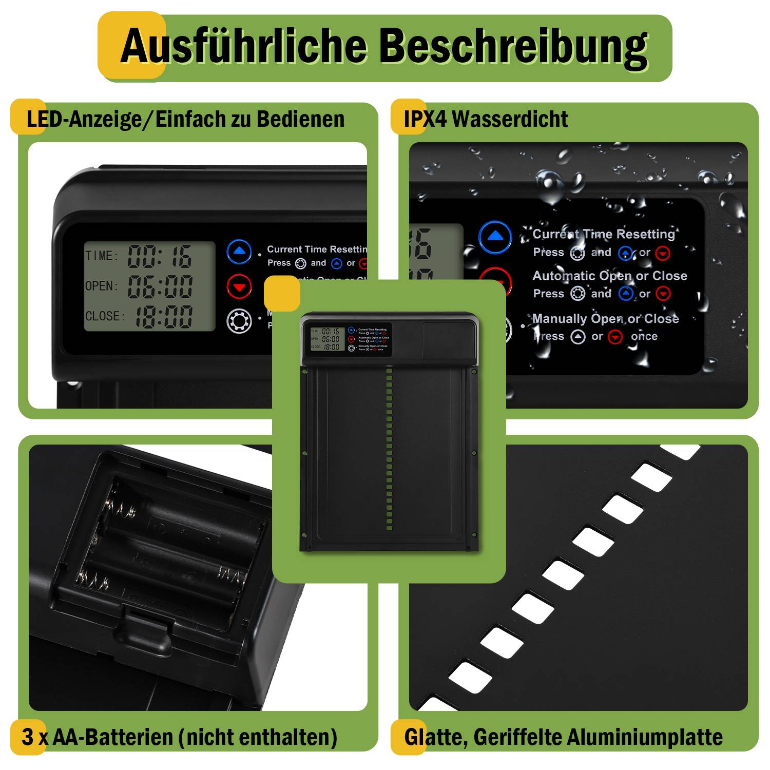 Automatische Hühnerklappe - Große mit Zeit/Handmodus Einklemmschutz, LCD-Display, IPX4wasserdicht, schwarz, mit Einklemmschutz, 33x24,5 cm