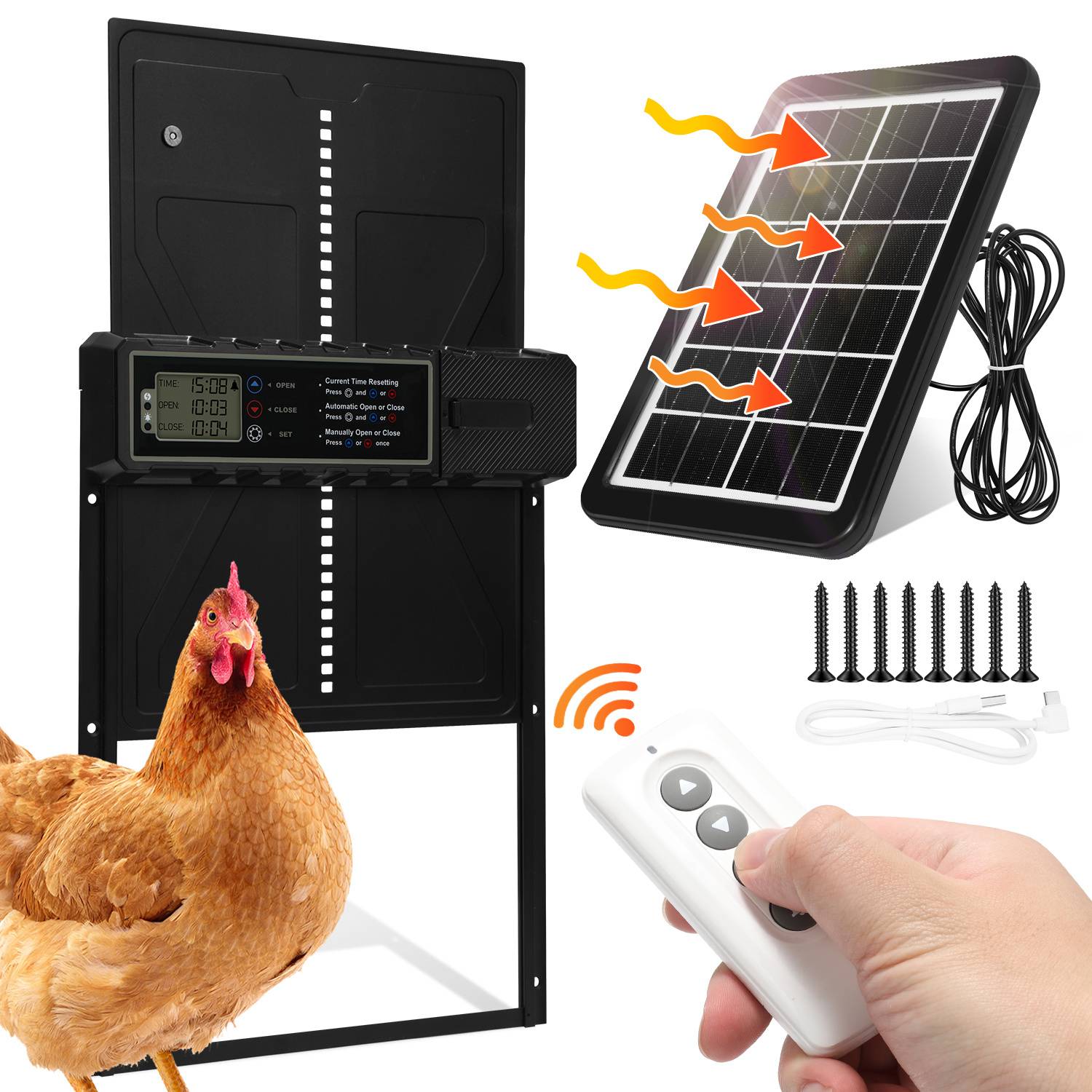 Solar Hühnerklappe Automatisch mit Timer & Fernbedienung, 2000mAh Akku, LCD Display, Einklemmschutz, USB, Schwarz