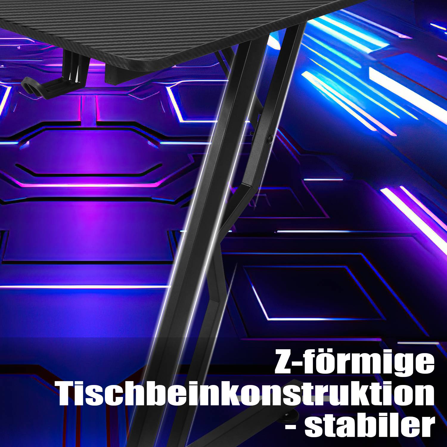 Z-förmiger Computertisch 120x60cm, Gaming Tisch mit Becherhalter,Kopfhörerhaken , Schreibtisch für Zuhause & Büro (Schwarz)