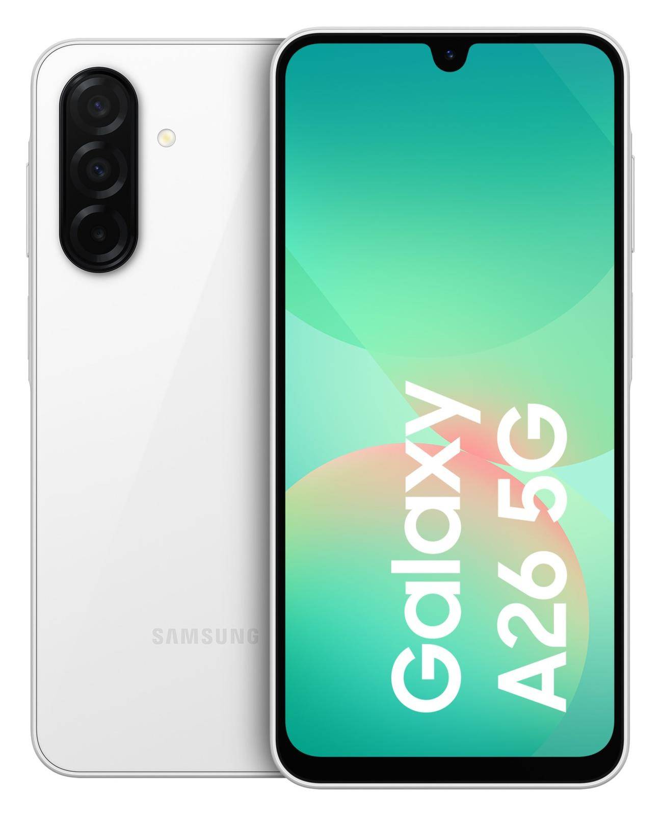 Samsung Galaxy A26 5G Smartphone von vorne und hinten gezeigt, weiße Rückseite mit Triple-Kamera und grünem Display mit der Aufschrift 
