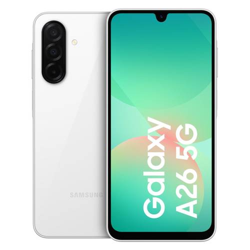 Samsung Galaxy A26 5G Smartphone in Weiß, von vorne und hinten gezeigt, mit dreifacher Rückfahrtkamera und der Anzeige des Bildschirms 