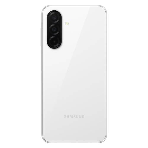 Rückseite eines weißen Samsung-Smartphones mit einem vertikalen Triple-Kamera-Modul und Blitz oben links.