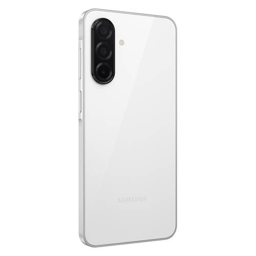 Rückansicht eines weißen Samsung-Smartphones mit einem dreifachen Kameramodul auf der Rückseite und Blitz, dargestellt auf einem einfachen Hintergrund.