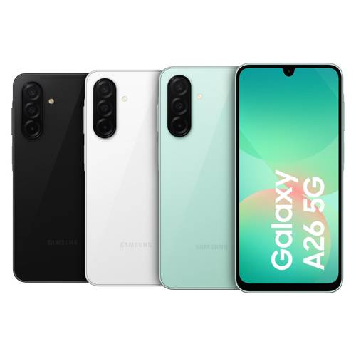Drei Samsung Galaxy A26 5G Smartphones in Schwarz, Weiß und Minzgrün, von vorne und hinten vor weißem Hintergrund abgebildet.