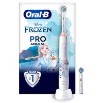 Oral-B Frozen Pro Junior Elektrische Zahnbürste für Kinder ab 6 Jahren, mit Charakteren aus Disney's Frozen, inklusive Verpackung und Ersatzkopf.