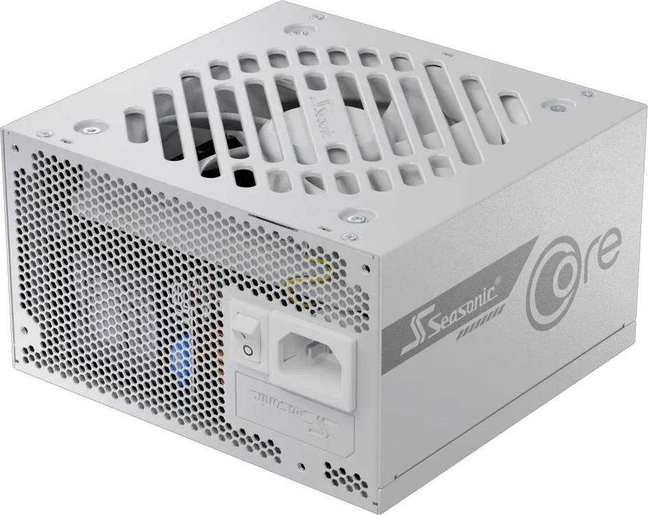 Eine weiße Computernetzteilen-Einheit mit Lüftungsgittern und einem Schalter, mit der Marke 