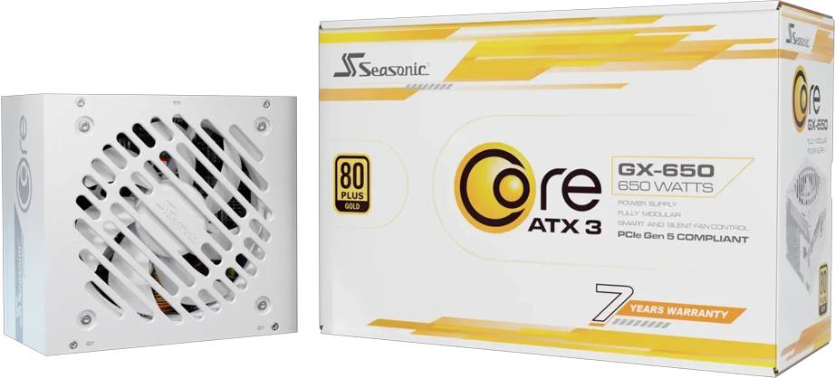 Verpackung eines Seasonic-Netzteils mit '80 PLUS Gold' Zertifizierungsetikett und 'core ATX 3' Text. Das Netzteilgerät ist teilweise sichtbar.