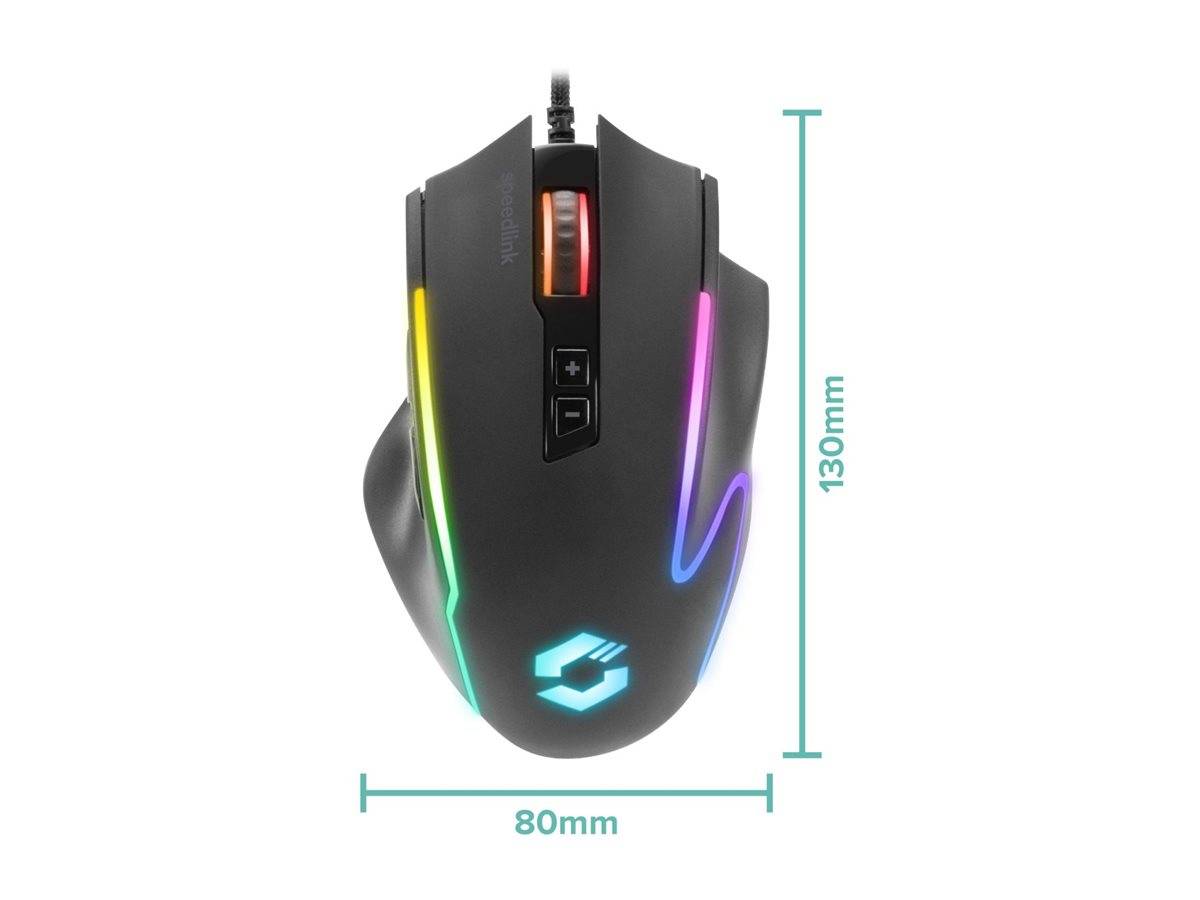 Schwarze Gaming-Maus mit regenbogenfarbenen LED-Akzenten und blauem Logo, Vorderansicht mit beschrifteten Abmessungen von 80 mm Breite und 130 mm Höhe.