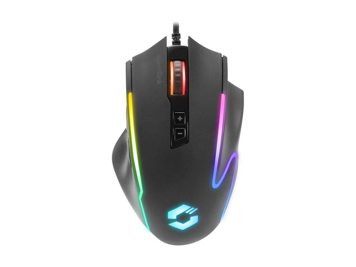 Schwarze Gaming-Maus mit RGB-Lichtstreifen und leuchtendem Scrollrad, Vorderansicht auf weißem Hintergrund.
