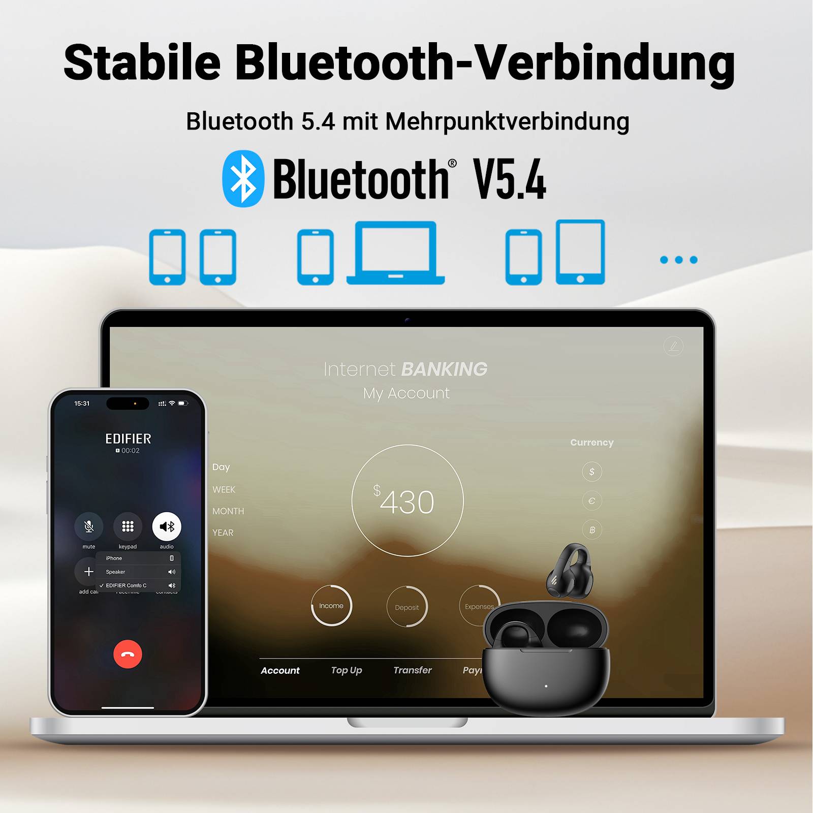 Edifier Open-Ear True Wireless Kopfhörer, Bluetooth 5.4, 28H Akku & IP56, AI-Mikrofone mit Geräuschunterdrückung- Schwarz