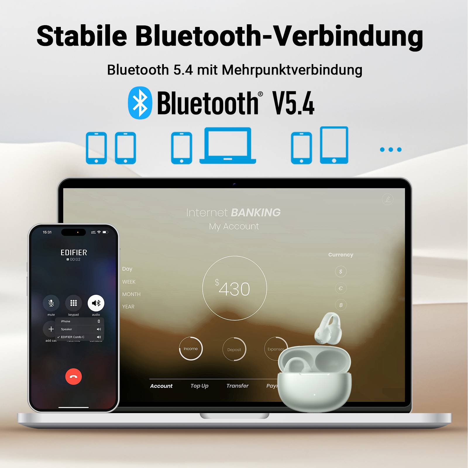 Edifier Open-Ear True Wireless Kopfhörer, Bluetooth 5.4, 28H Akku & IP56, AI-Mikrofone mit Geräuschunterdrückung - Grün