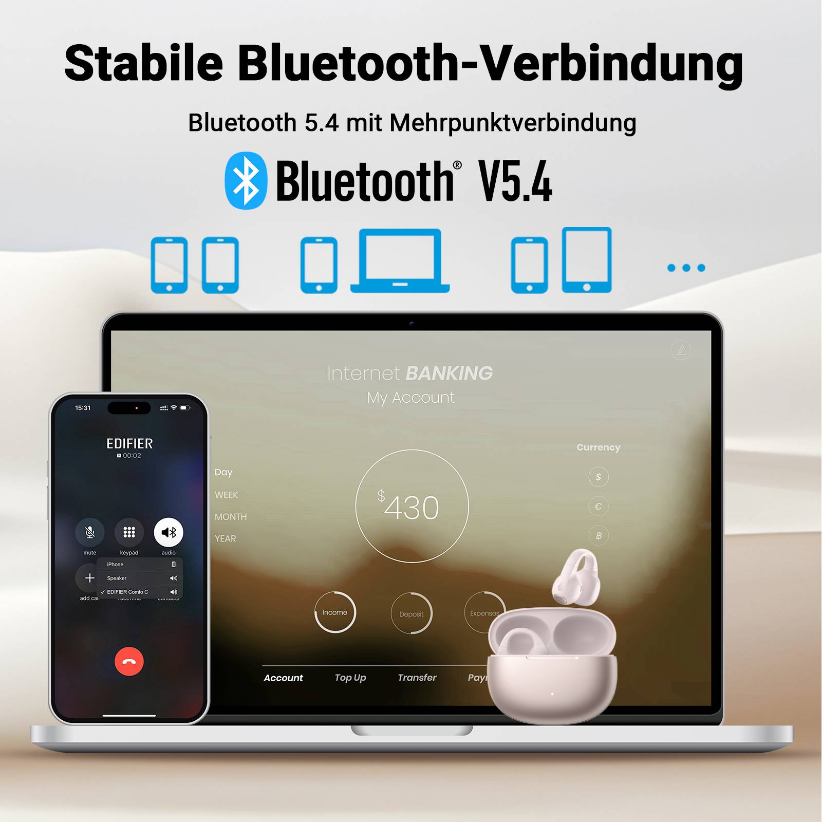 Edifier Open-Ear True Wireless Kopfhörer, Bluetooth 5.4, 28H Akku & IP56, AI-Mikrofone mit Geräuschunterdrückung - Pink