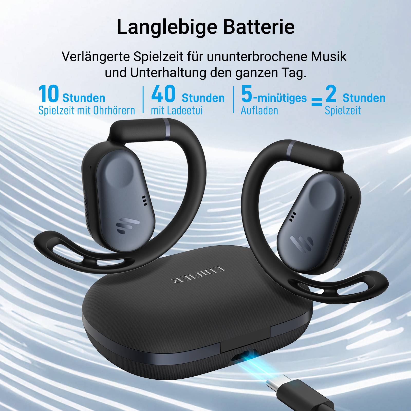 Edifier Echte kabellose Open-Ear-Kopfhörer mit Hi-Res Audio, Bluetooth 5.4, 40H Akku & IP55 für Radfahren - Schwarz