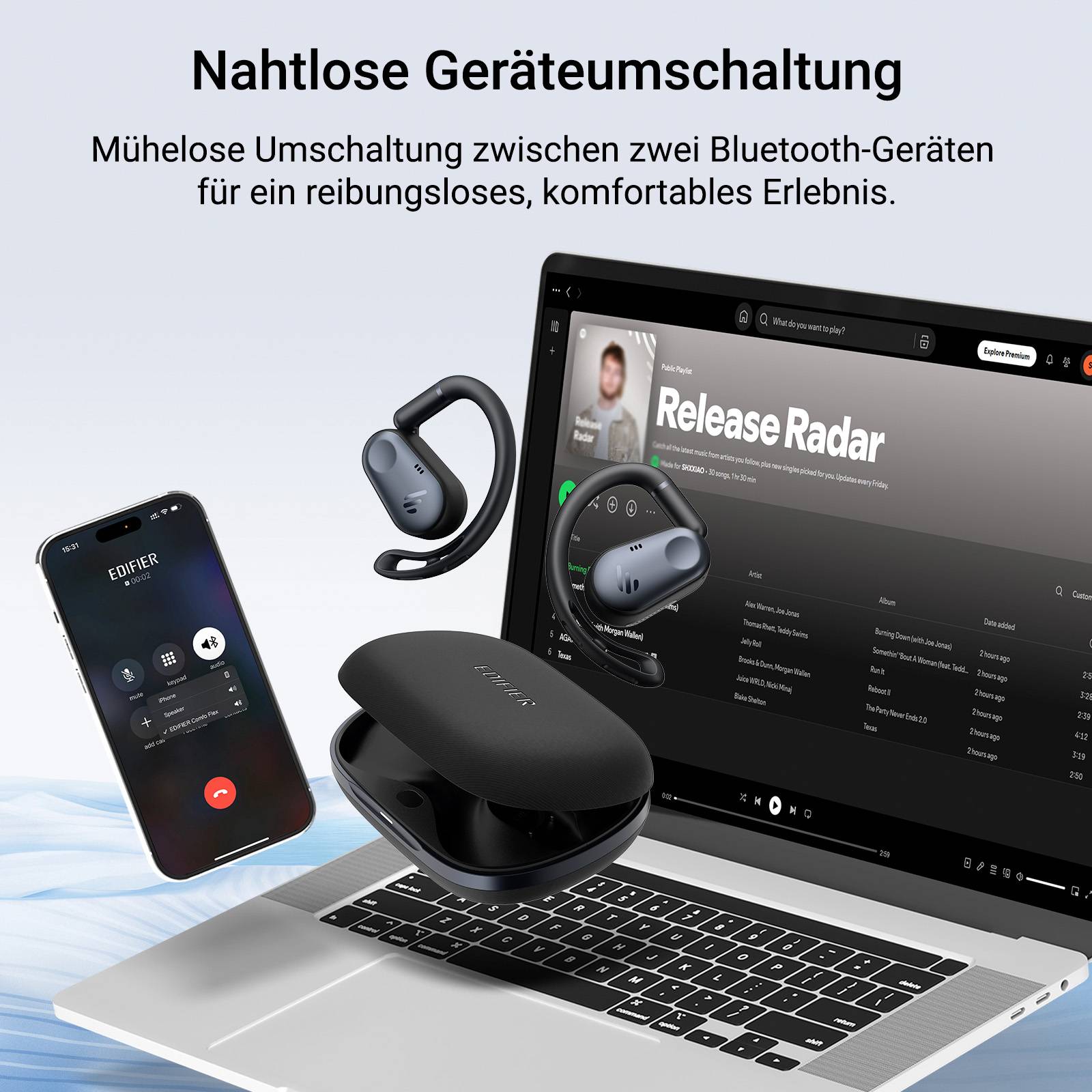 Edifier Echte kabellose Open-Ear-Kopfhörer mit Hi-Res Audio, Bluetooth 5.4, 40H Akku & IP55 für Radfahren - Schwarz