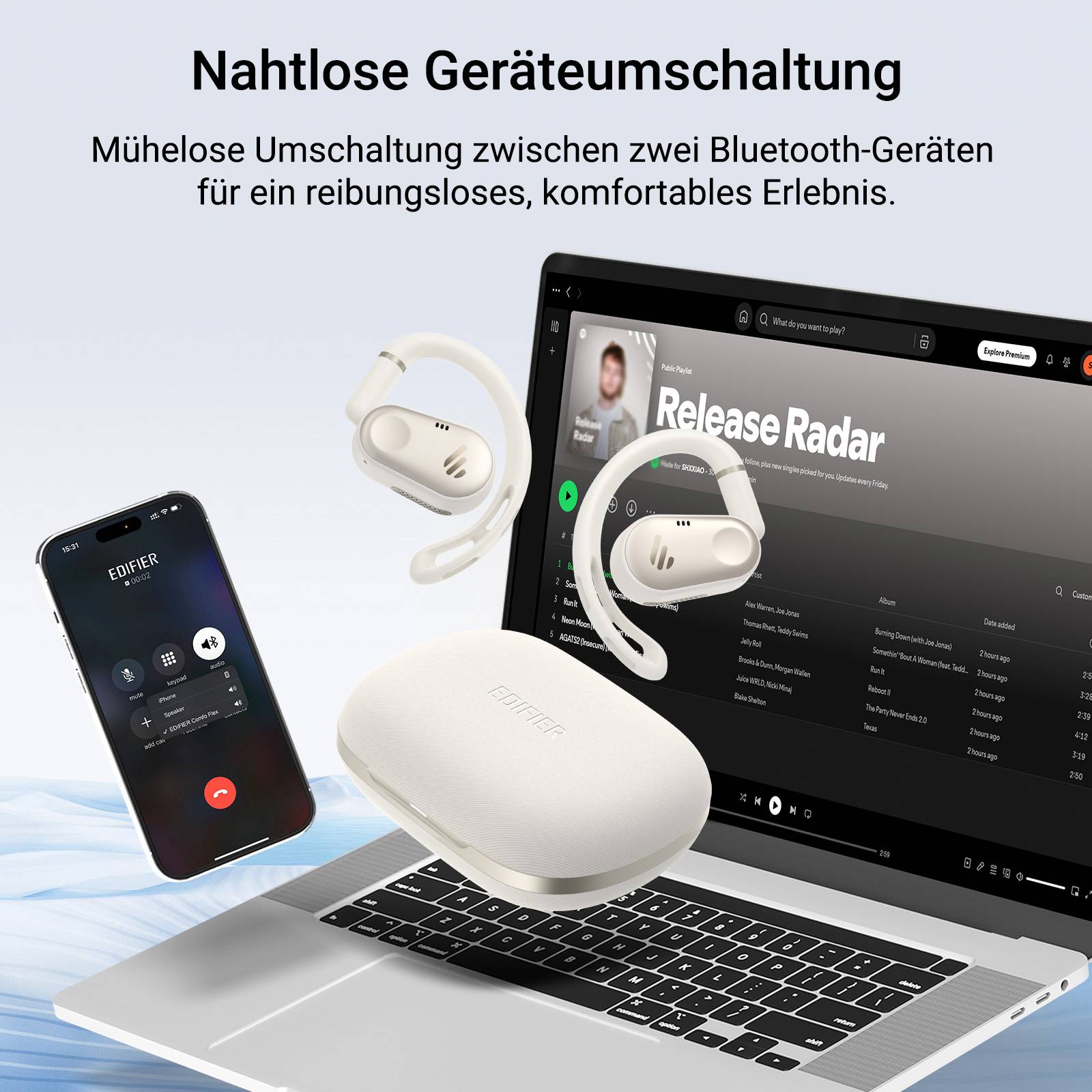 Edifier Echte kabellose Open-Ear-Kopfhörer mit Hi-Res Audio, Bluetooth 5.4, 40H Akku & IP55 für Radfahren - Weiß
