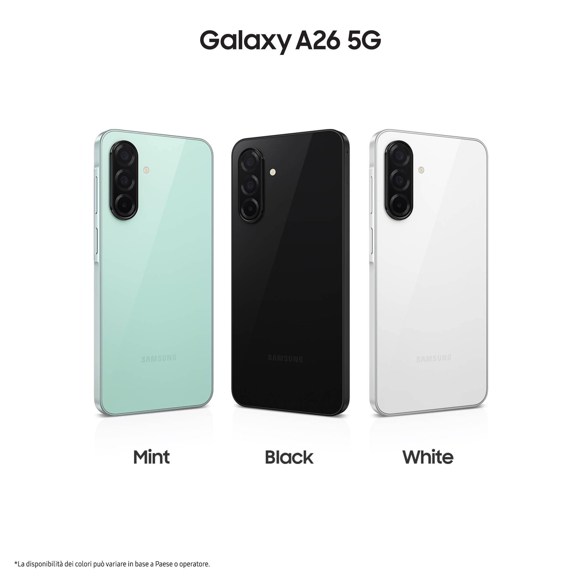 Samsung Galaxy A26 5G wird in drei Farboptionen gezeigt: Minzgrün, Schwarz und Weiß, mit Rückansicht des Telefons und Dreifachkameramodul.