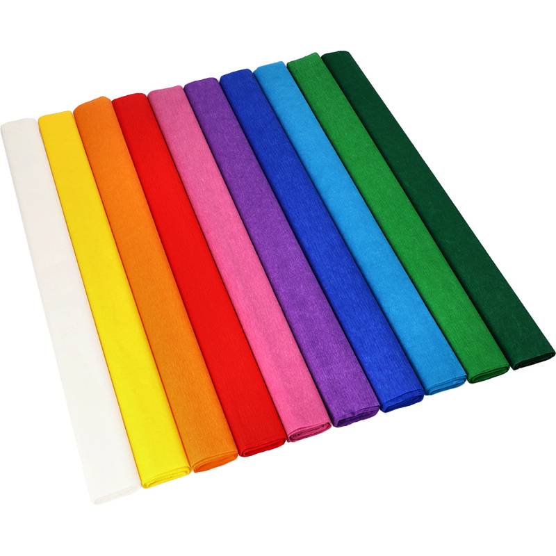 Eine Reihe von zehn ordentlich gestapelten Rollen bunten Crêpepapiers, die einen Farbverlauf von Weiß bis Dunkelgrün aufweisen.