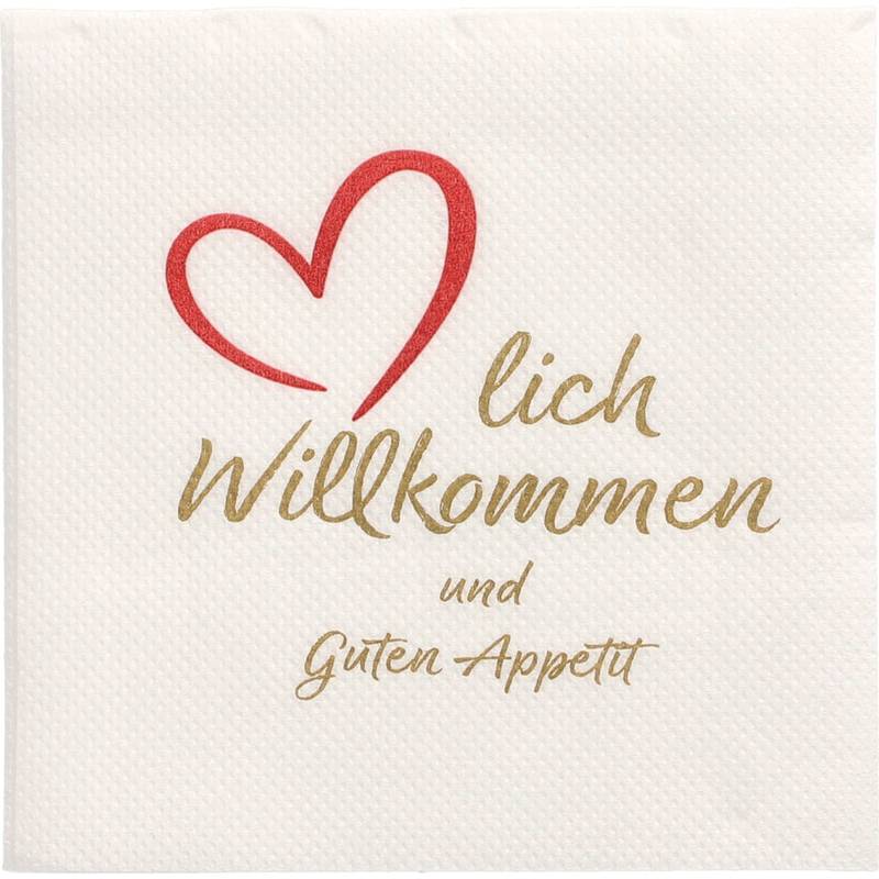 Eine Serviette mit einem roten Herzdesign und dem deutschen Text 'Herzlich Willkommen und Guten Appetit
