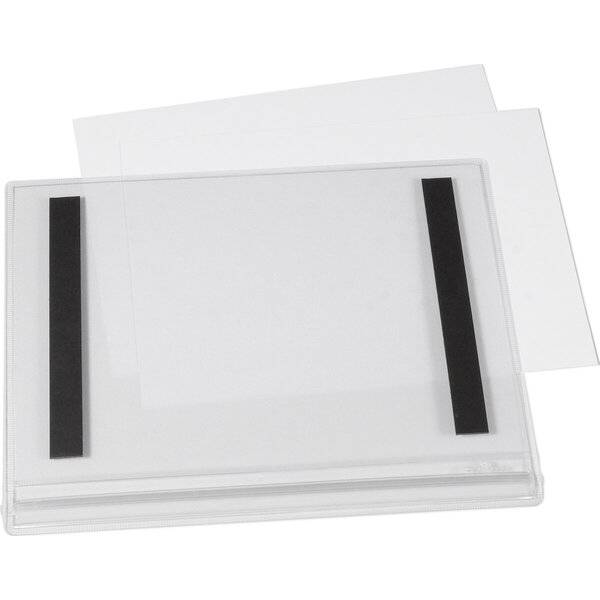 Klare Kunststoffdokumenthülle mit zwei schwarzen Seitenstreifen, die weiße Blätter Papier im Inneren hält.