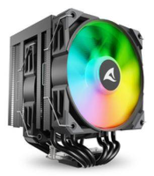 Ein großer Computer-Kühlventilator mit RGB-Beleuchtung, der einen Regenbogen-Farbeffekt beim Drehen aufweist und auf einem schwarzen Kühlkörper montiert ist.