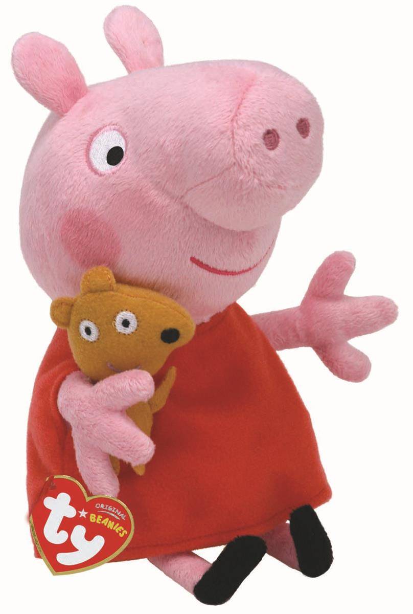 Ein rosa Cartoon-Schweinchen-Charakter steht aufrecht, trägt ein rotes Kleid und hält einen braunen Teddybär. Die Figur lächelt.