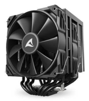 Ein schwarzer CPU-Kühler mit einem großen Lüfter und Heatpipes. Er verfügt über ein elegantes Design und eignet sich zur Verbesserung der Kühlungseffizienz des Computers.