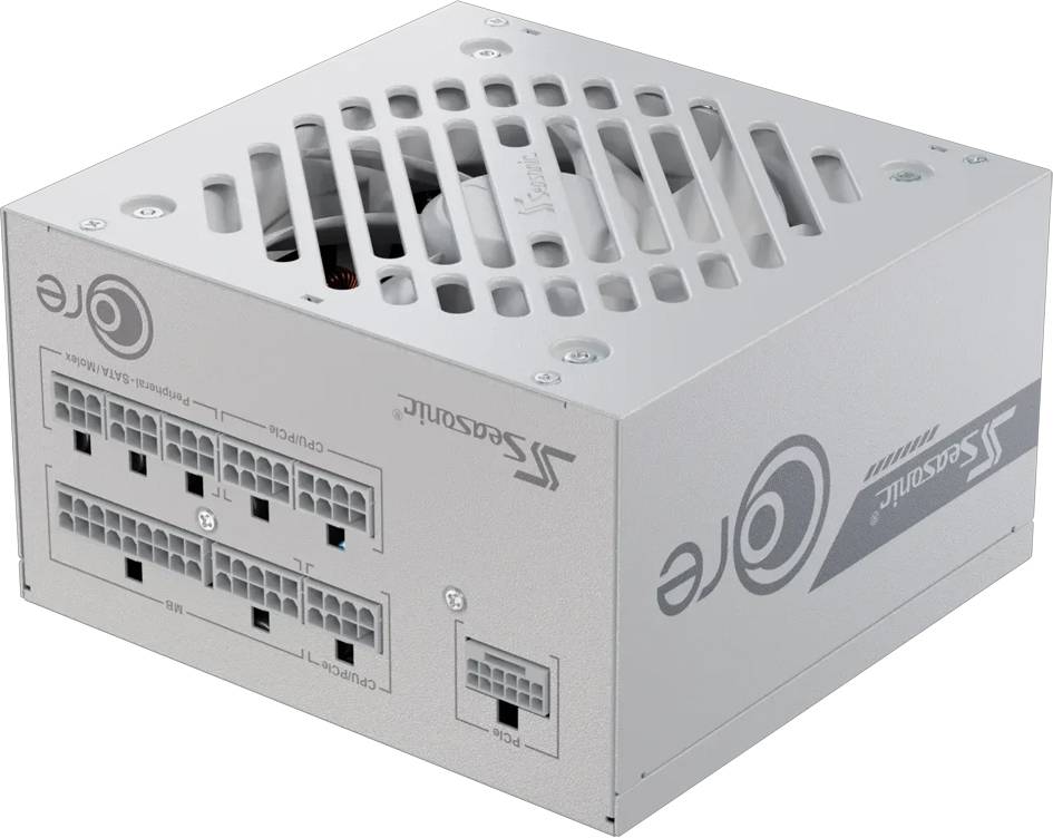 Silberne Computer-Netzteil mit mehreren Anschlüssen, Lüfter an der Oberseite und dem sichtbaren Markennamen 