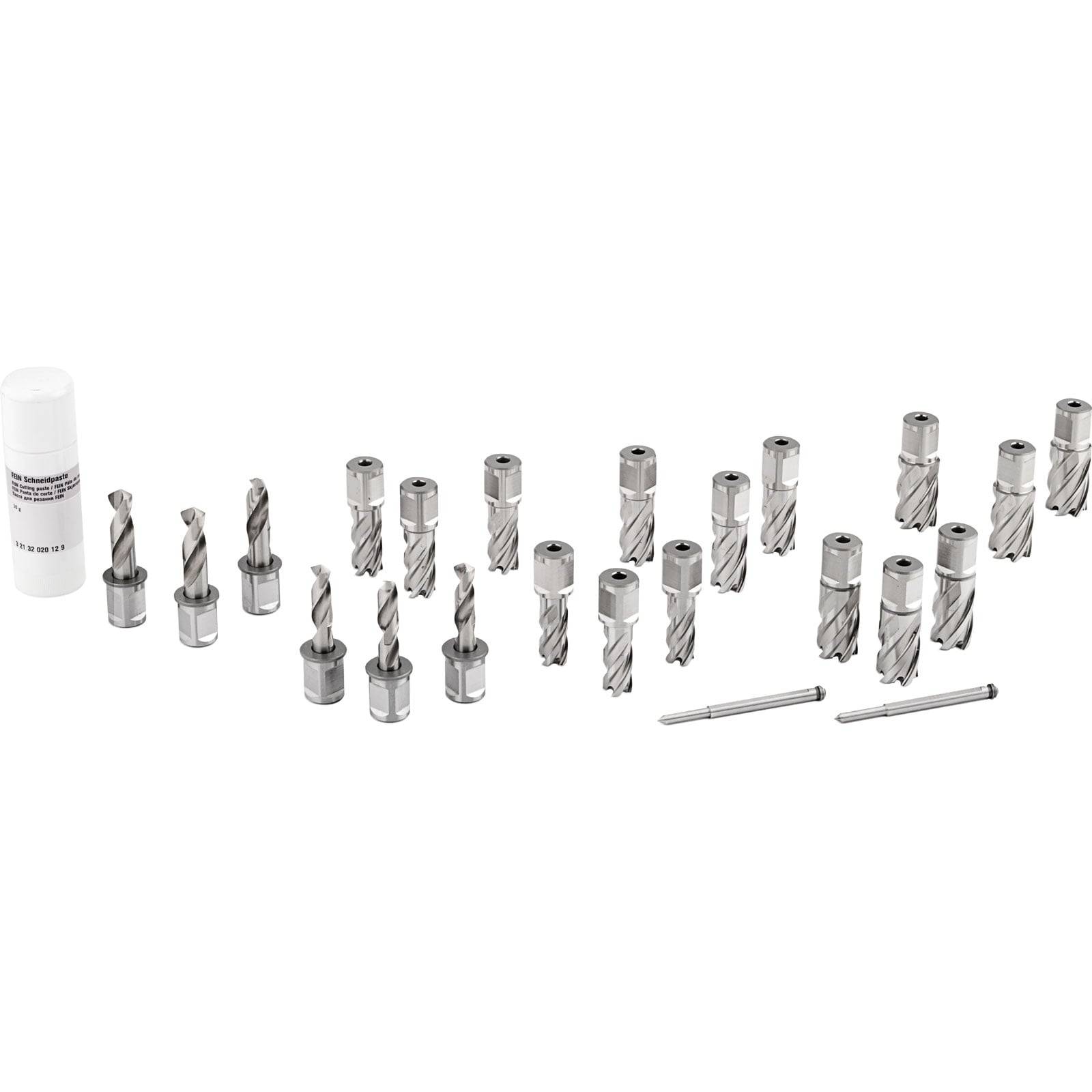 Ein Satz industrieller Bohrer und Gewindebohrer, in einer Reihe angeordnet, mit verschiedenen Größen und Typen, neben einer kleinen Flasche, verwendet für die Bearbeitung.