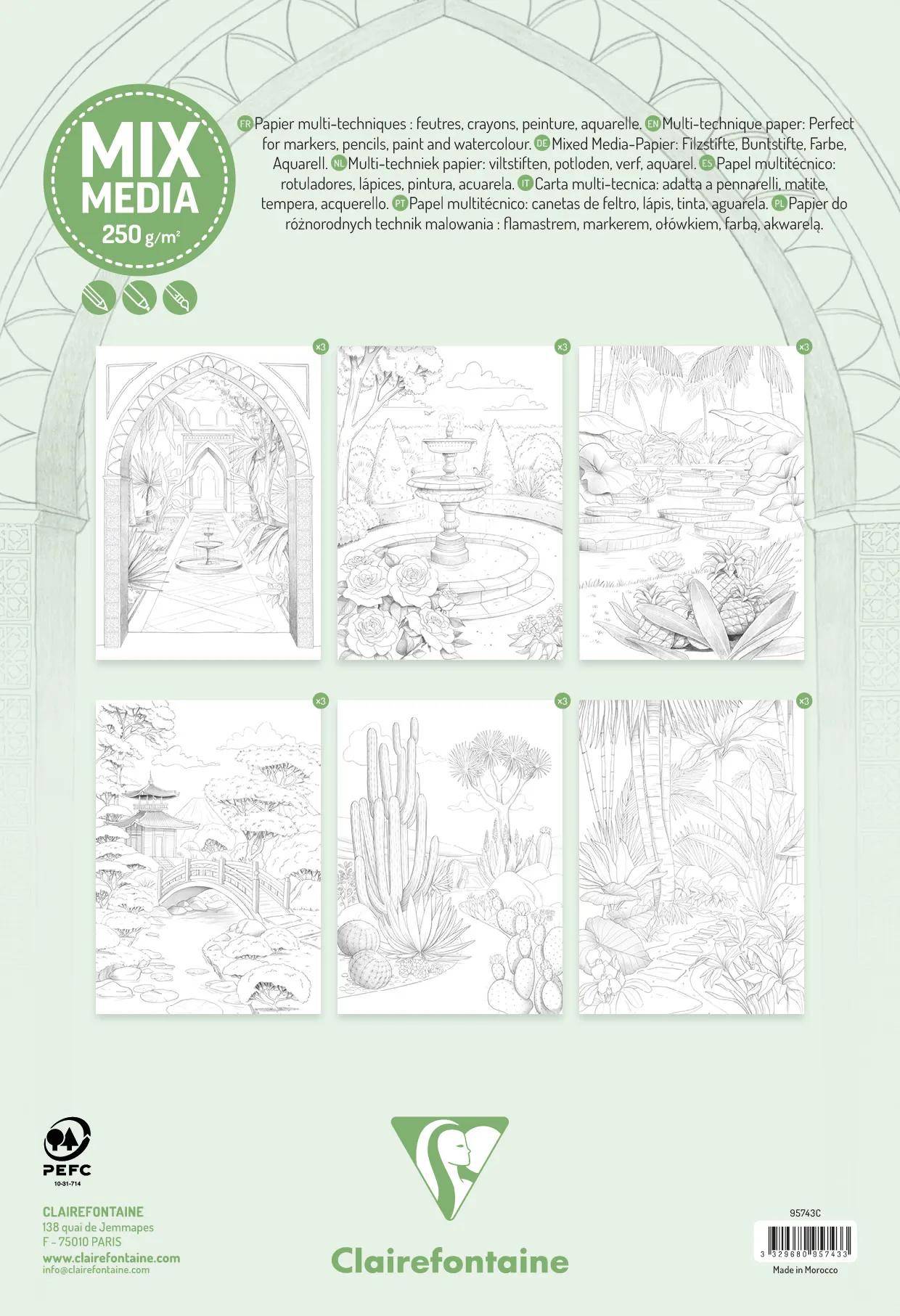 Clairefontaine 5x ODELIA, Ausmalblock 20 Bl A4 250g, Spiralbindung Gärten 95743C