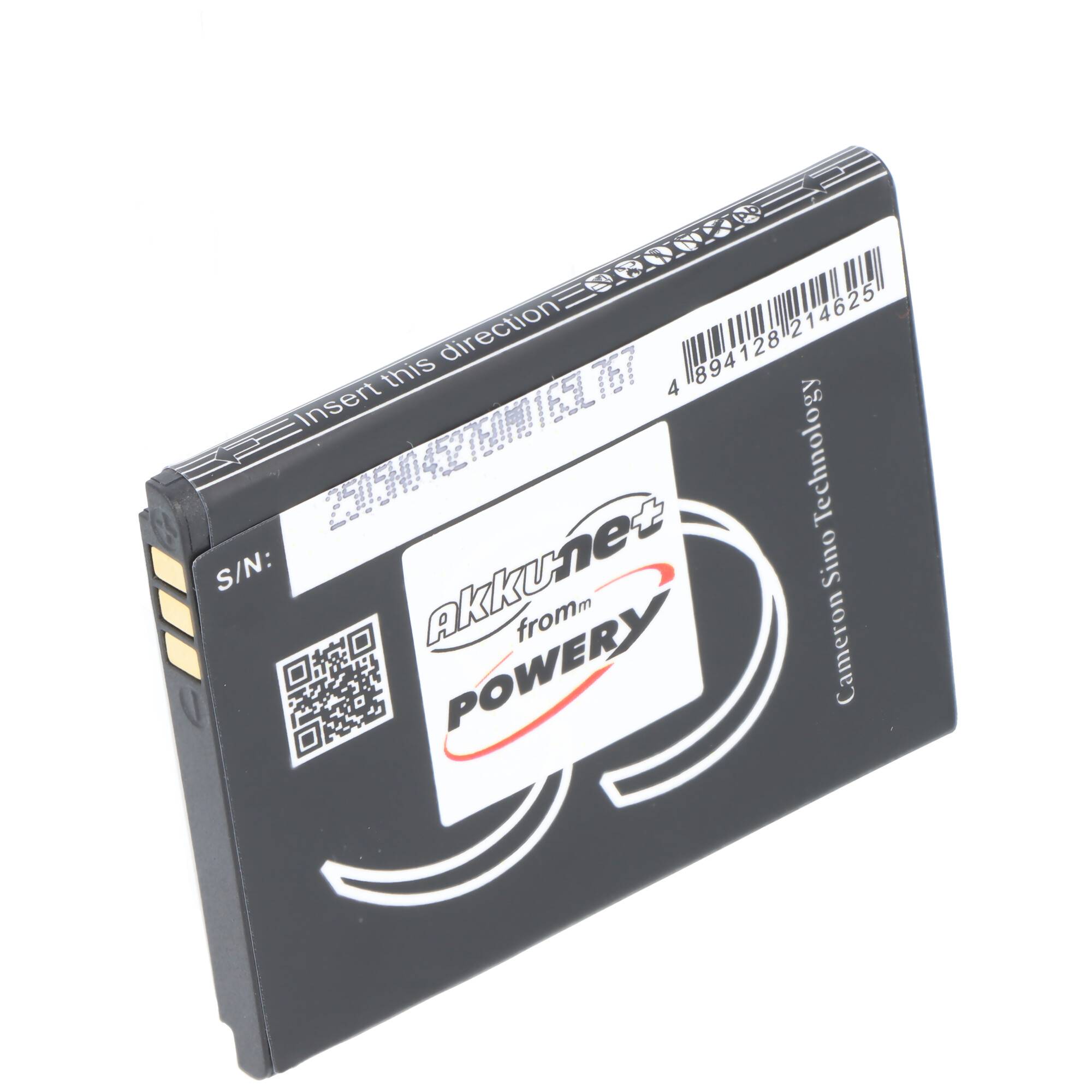 Schwarze AkkuNet-Handy-Batterie mit Barcode, QR-Code und Label „von POWERY
