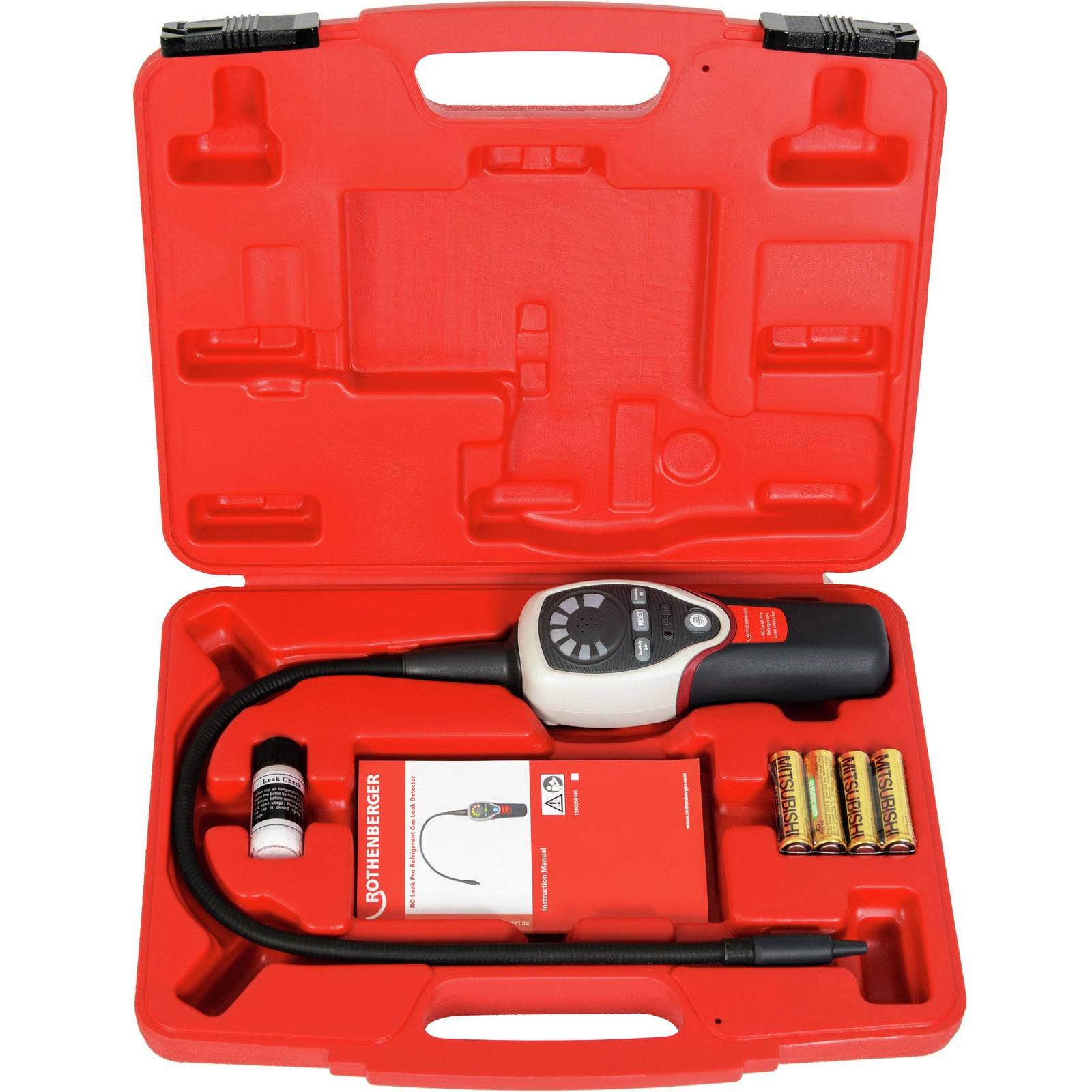 Rote Transporttasche geöffnet, die einen Gaslecksuchgerät mit flexibler Sonde, Batterien und Zubehör enthält, die in Formhalterungen organisiert sind.