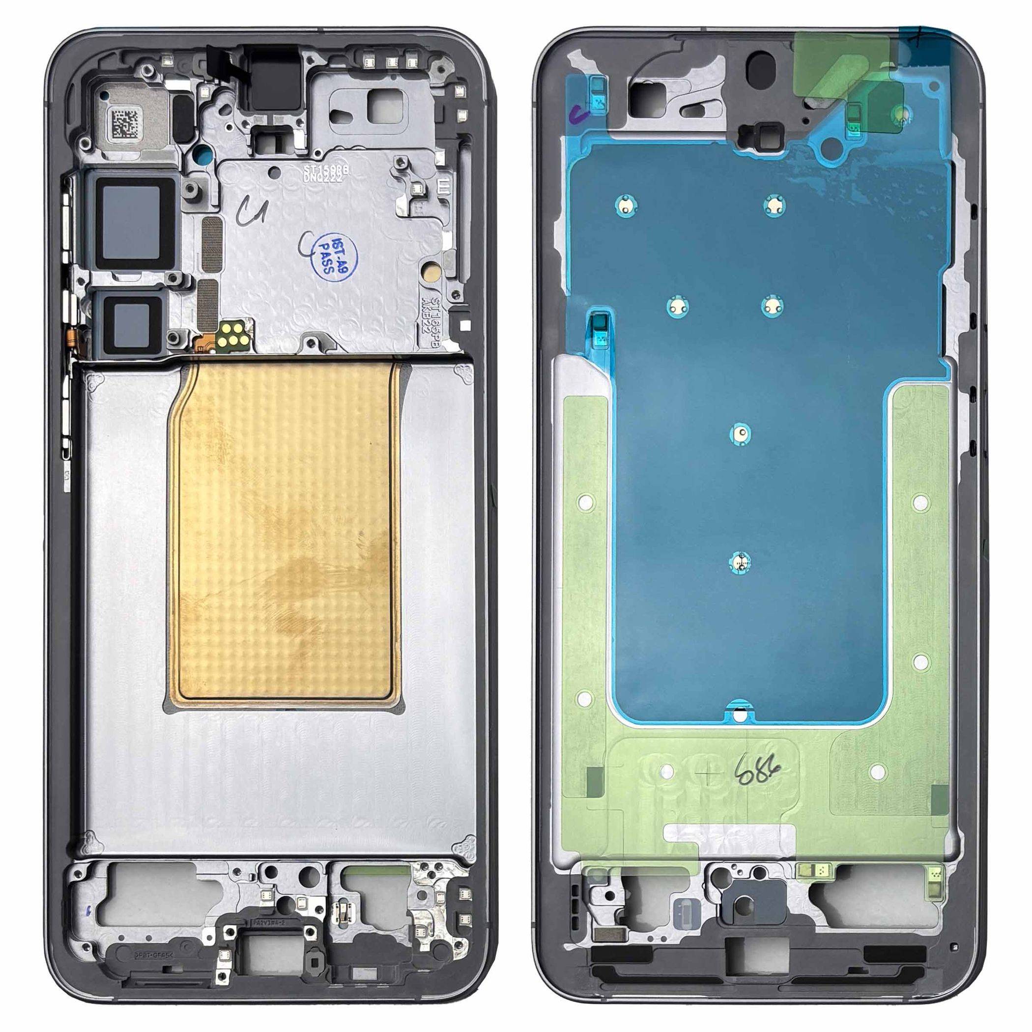Zwei Ansichten einer Smartphone-Innenrahmeneinheit, die die Vorder- und Rückseite des Gehäuses mit Halterungen, Ausschnitten und Abschirmungspaneelen zeigen.