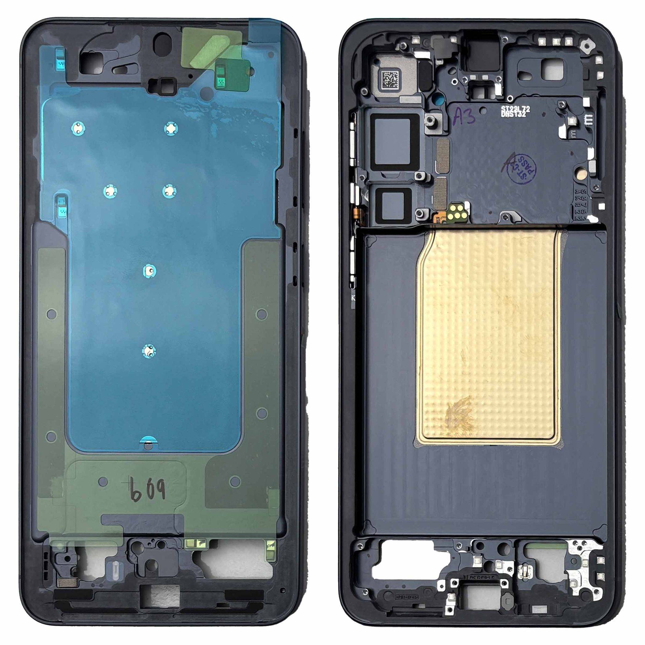Vorder- und Rückansichten eines Smartphone-Mittelrahmens mit internen Komponenten, Batteriebereich und Kamera-/Lautsprecheröffnungen.