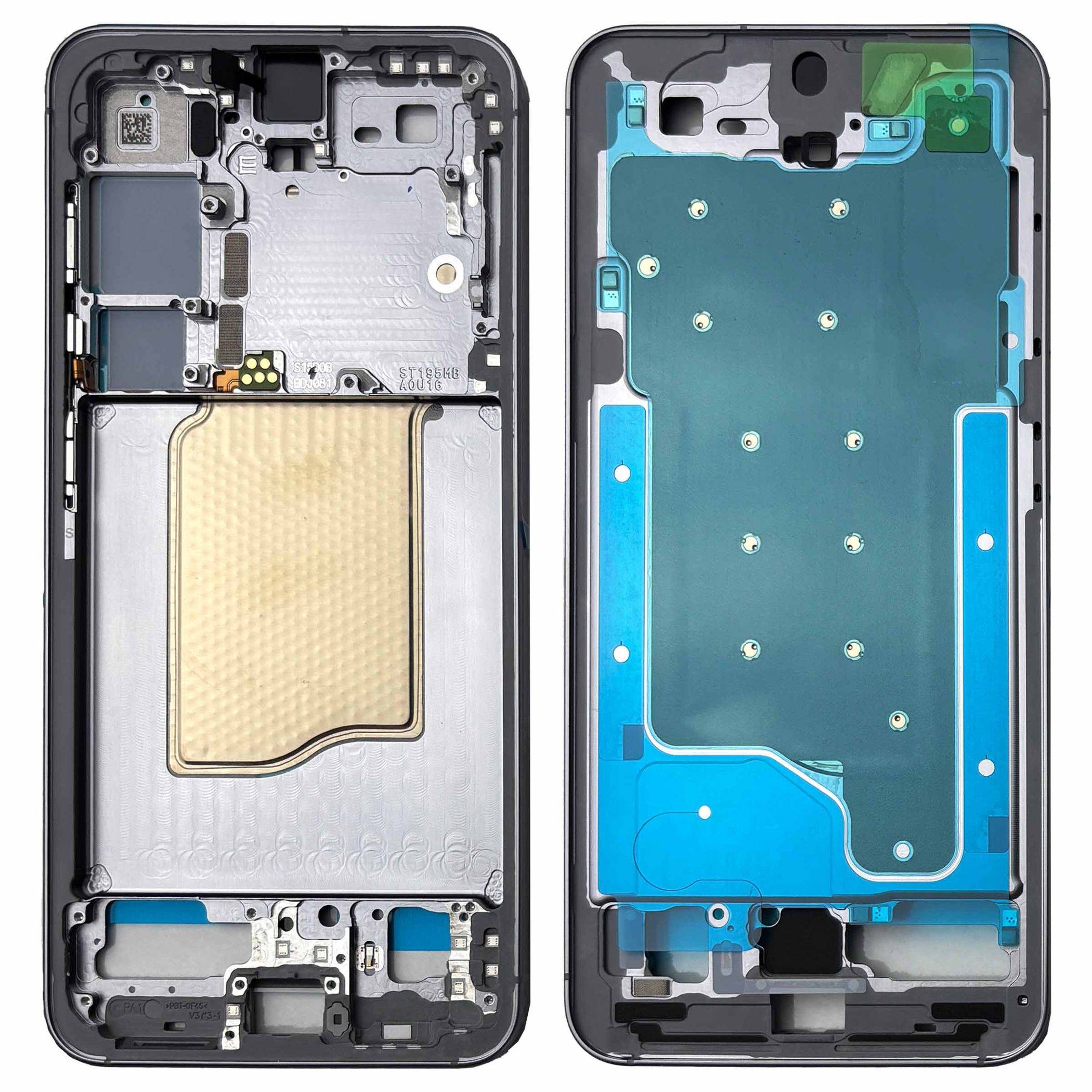 Zwei Smartphone-Gehäuse/Rückseiten nebeneinander gezeigt, eines mit freiliegender interner Batterie und Komponenten, das andere mit einer blauen Schutzschicht, die das Innere abdeckt.