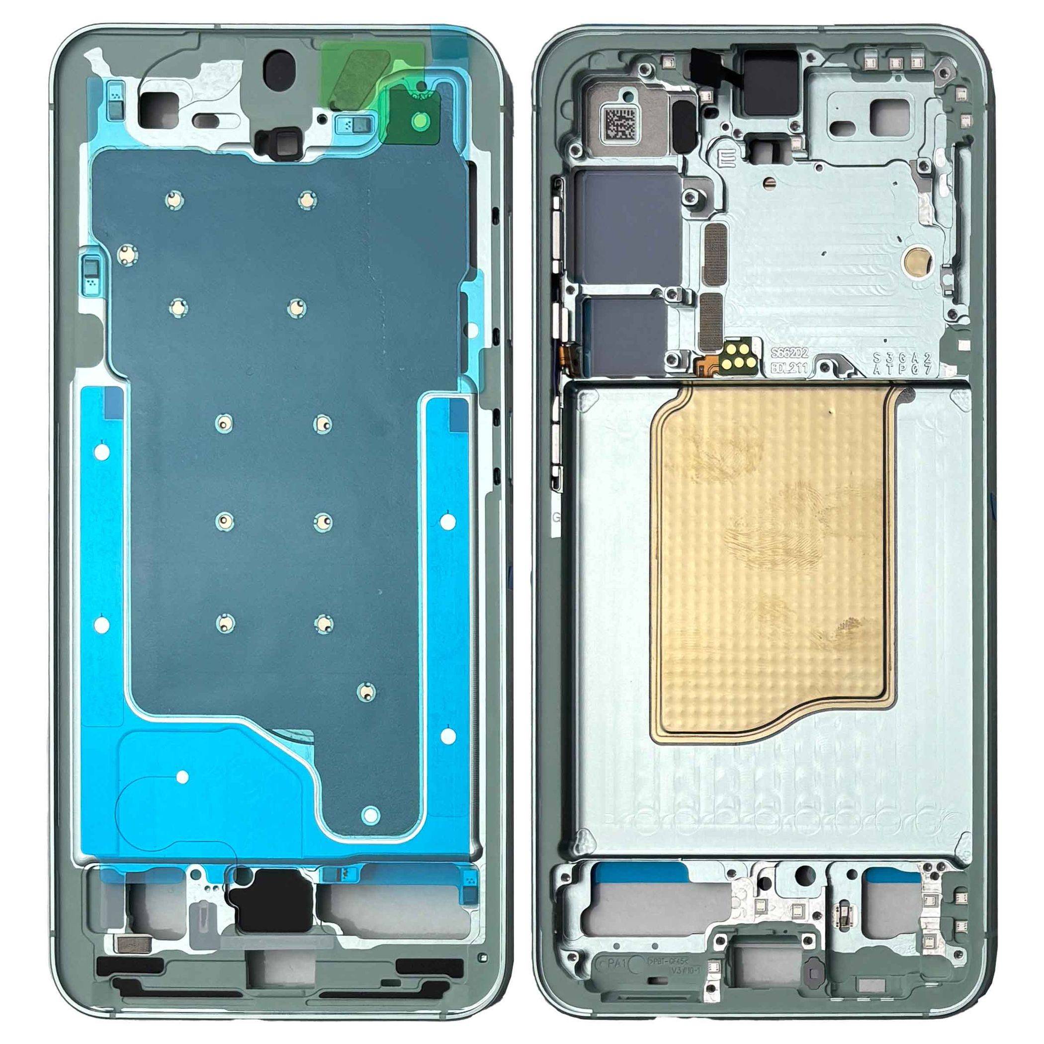 Zwei interne Gehäuserückseiten von Telefonen nebeneinander dargestellt, mit Metallrahmen, Klebepads und Ausschnitten für Komponenten.