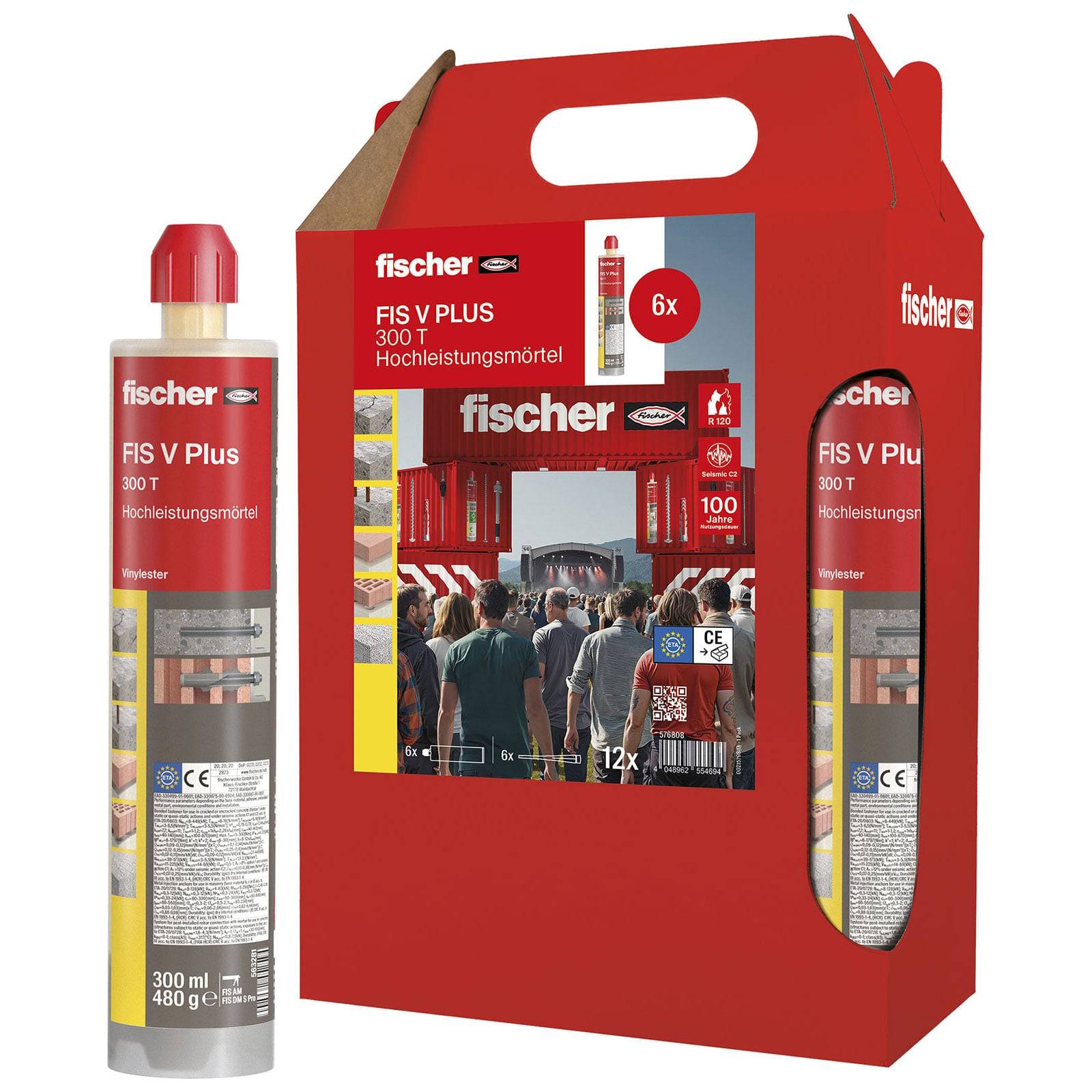 Hochleistungsmörtel Fischer FIS V Plus 300 T - Produktverpackung mit einer Kartusche und einem roten Transportkoffer, der sechs Kartuschen enthält.