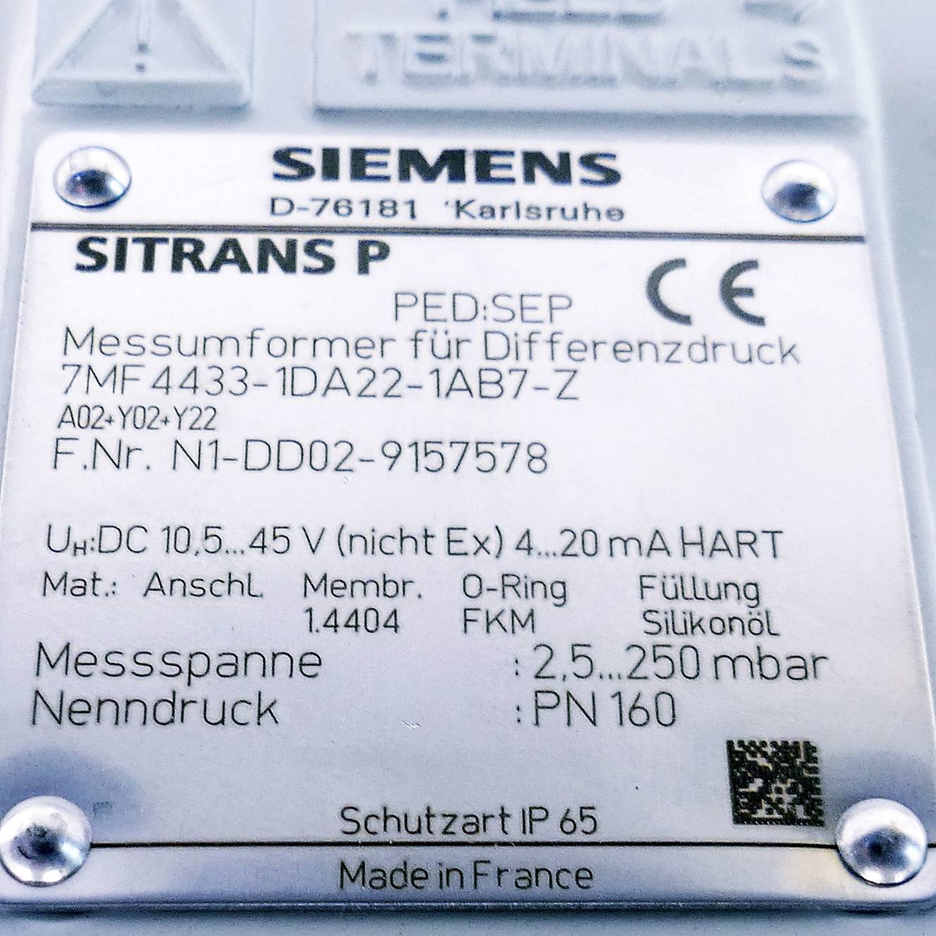 Siemens Messumformer für Differenzdruck (7MF4433-1DA22-1AB7-Z)