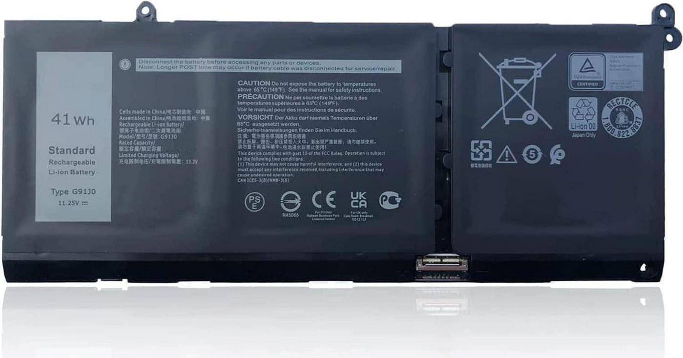 Etikett mit Batteriesicherheitsanweisungen, Warnsymbolen und Zertifizierungslogos auf der Oberfläche einer schwarzen Batterie sichtbar.