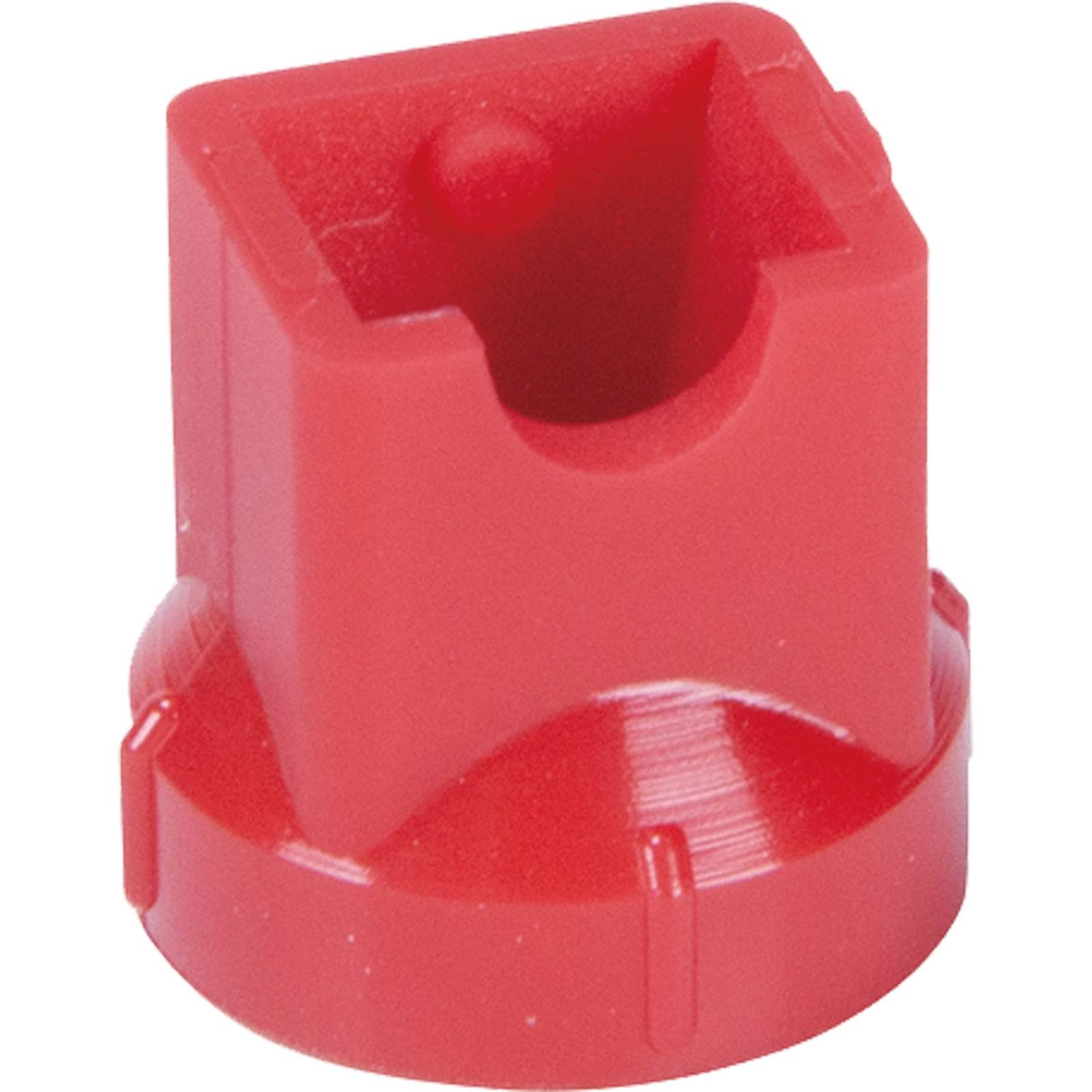 Eine kleine rote Kunststoff-Sprühkappe mit einer runden Öffnung oben, die zum Anbringen an einer Aerosoldose konzipiert ist.