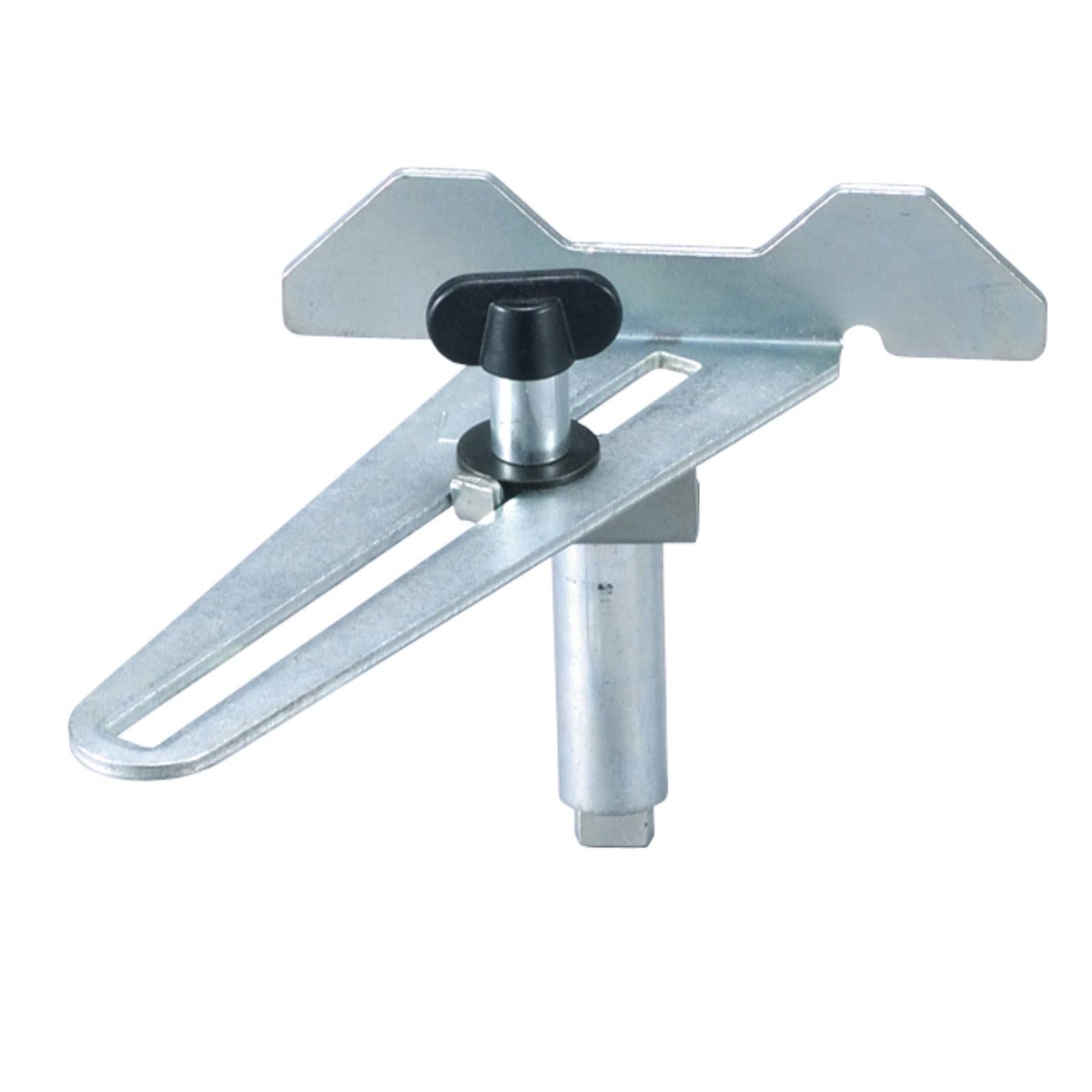 Ein Metallwerkzeug mit verstellbarem Winkelhalter und einem schwarzen Knopf, das zur Ausrichtung oder Befestigung von Komponenten verwendet wird.