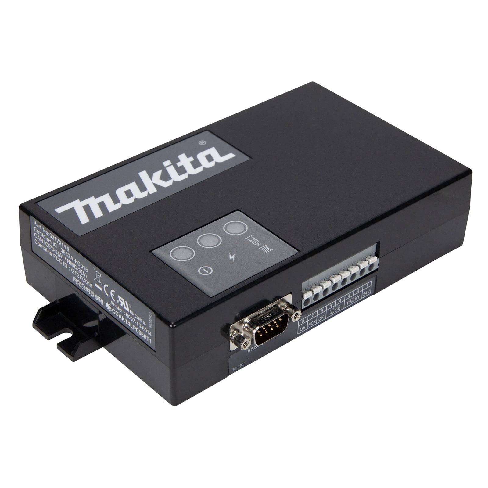 Ein schwarzes elektronisches Gerät mit 'Makita' Logo, das eine Bedienungstafel mit Tasten und Anschlussports aufweist und für industrielle Anwendungen verwendet wird.