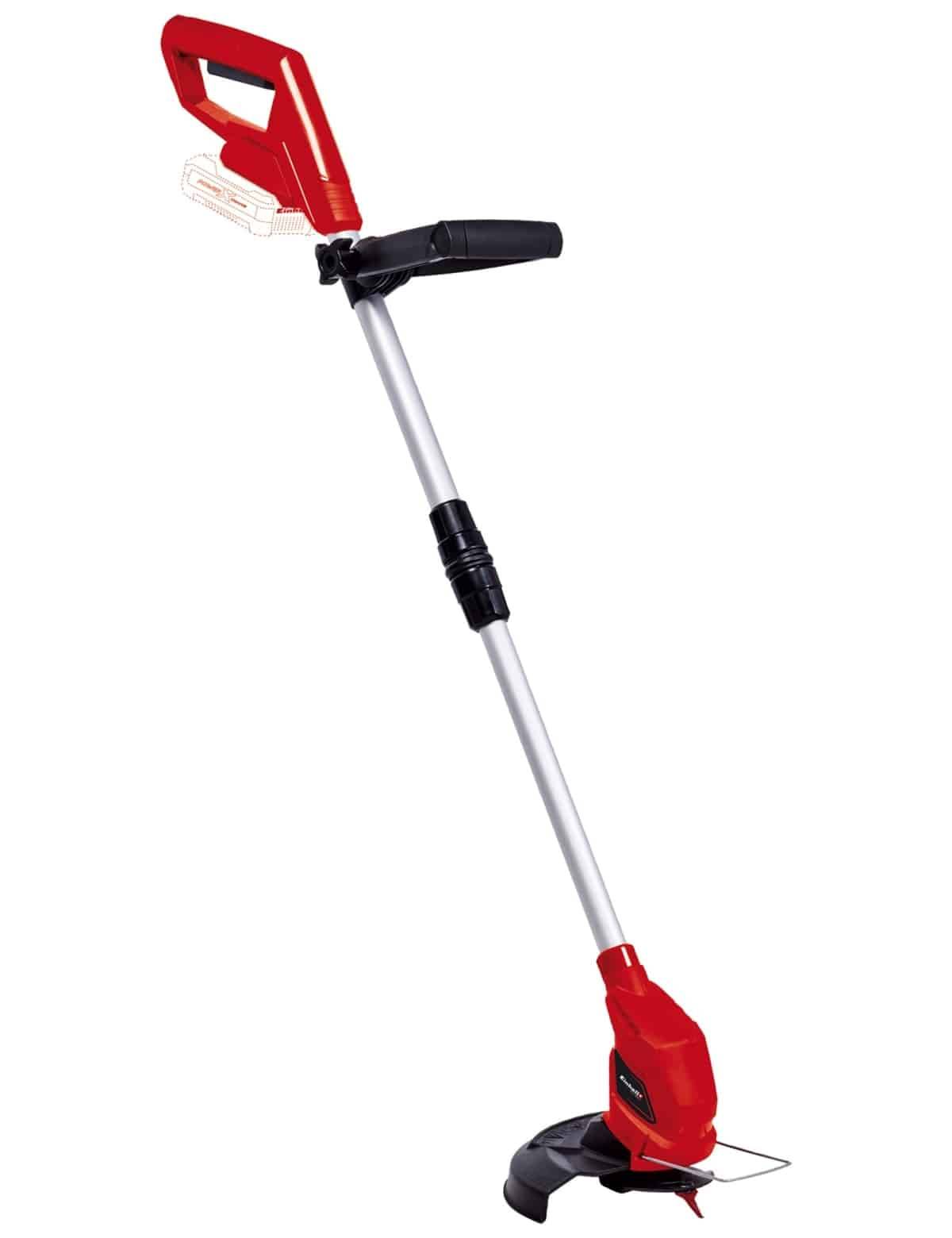 Ein rot-schwarzer elektrischer Rasentrimmer mit langem Griff, entwickelt zum Trimmen von Rasenkanten und kleinen Gartenflächen.