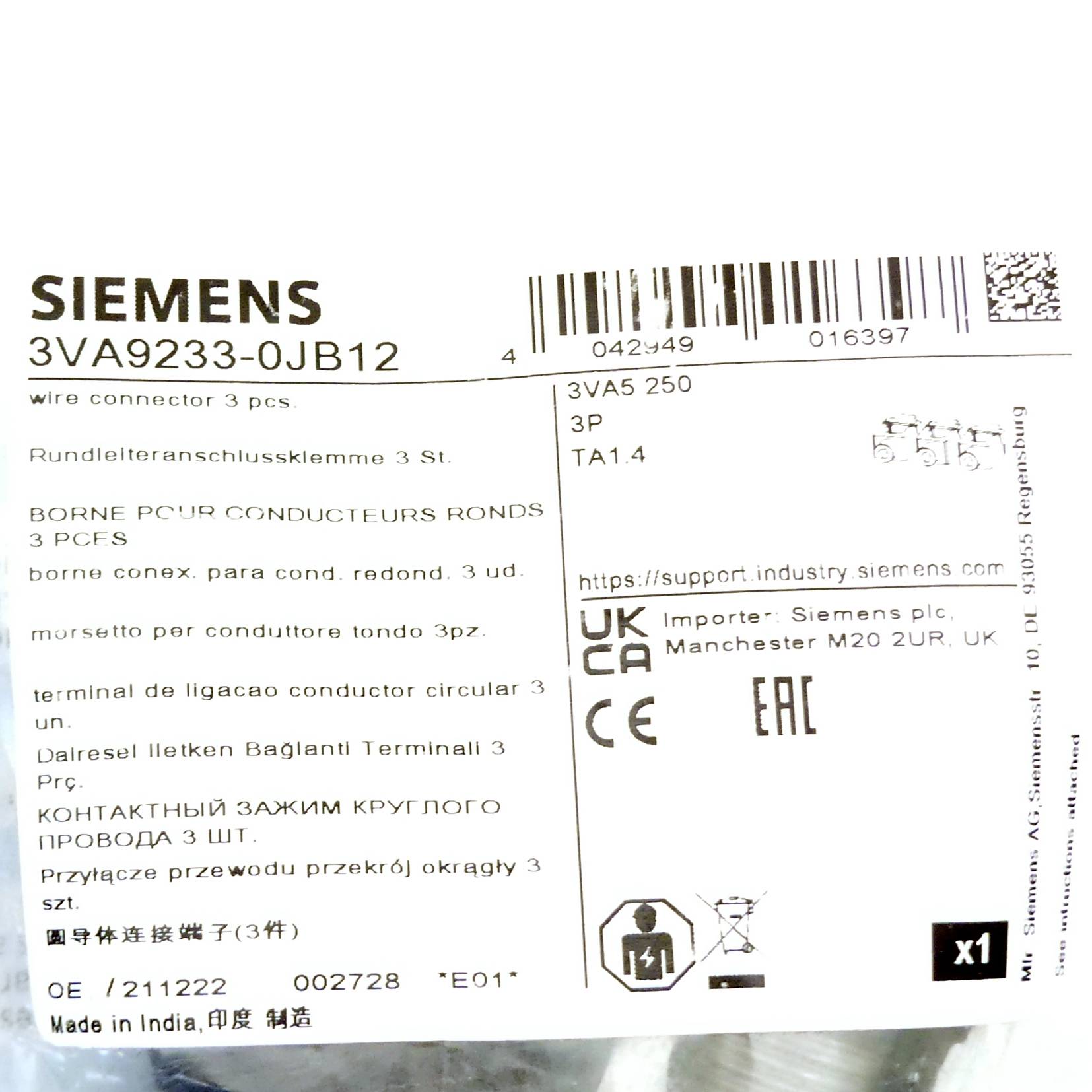 Siemens Rundleiteranschlussklemme 3 St. (3VA9233-0JB12)