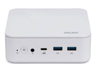 Ein weißer Acer Mini-Desktop mit Einschalttaste, Audioausgang, USB-C und zwei USB-3.0-Anschlüssen an der Vorderseite.