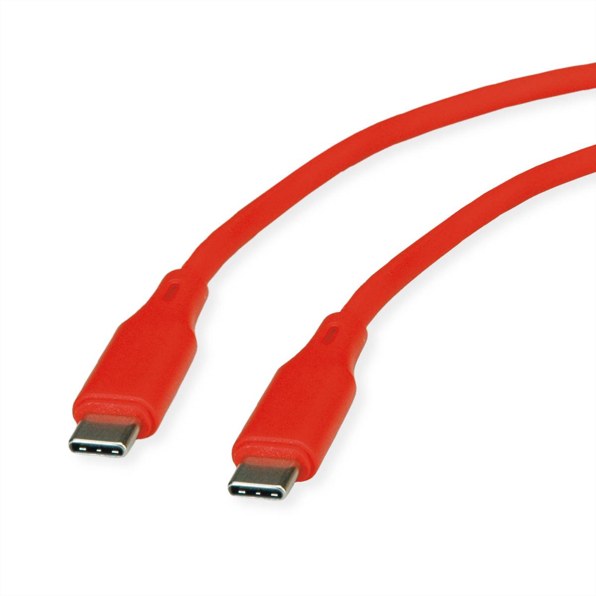 Rotes USB-C-Kabel mit zwei männlichen USB-C-Anschlüssen auf weißem Hintergrund.