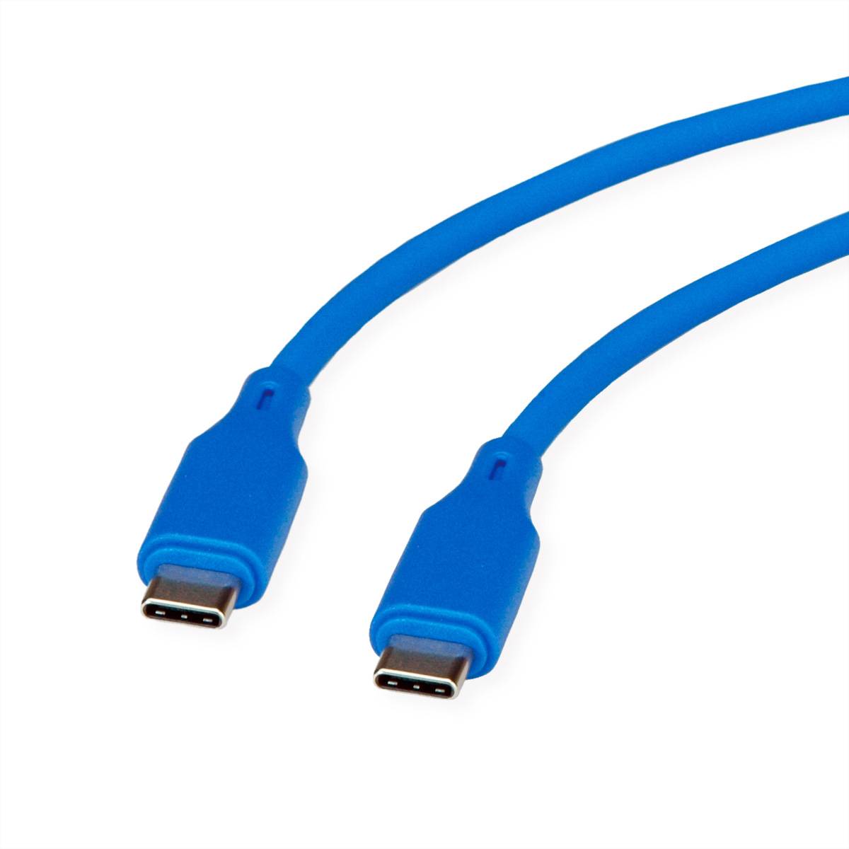 Blaues USB-C-Kabel mit zwei USB-C-Steckverbindern auf weißem Hintergrund.