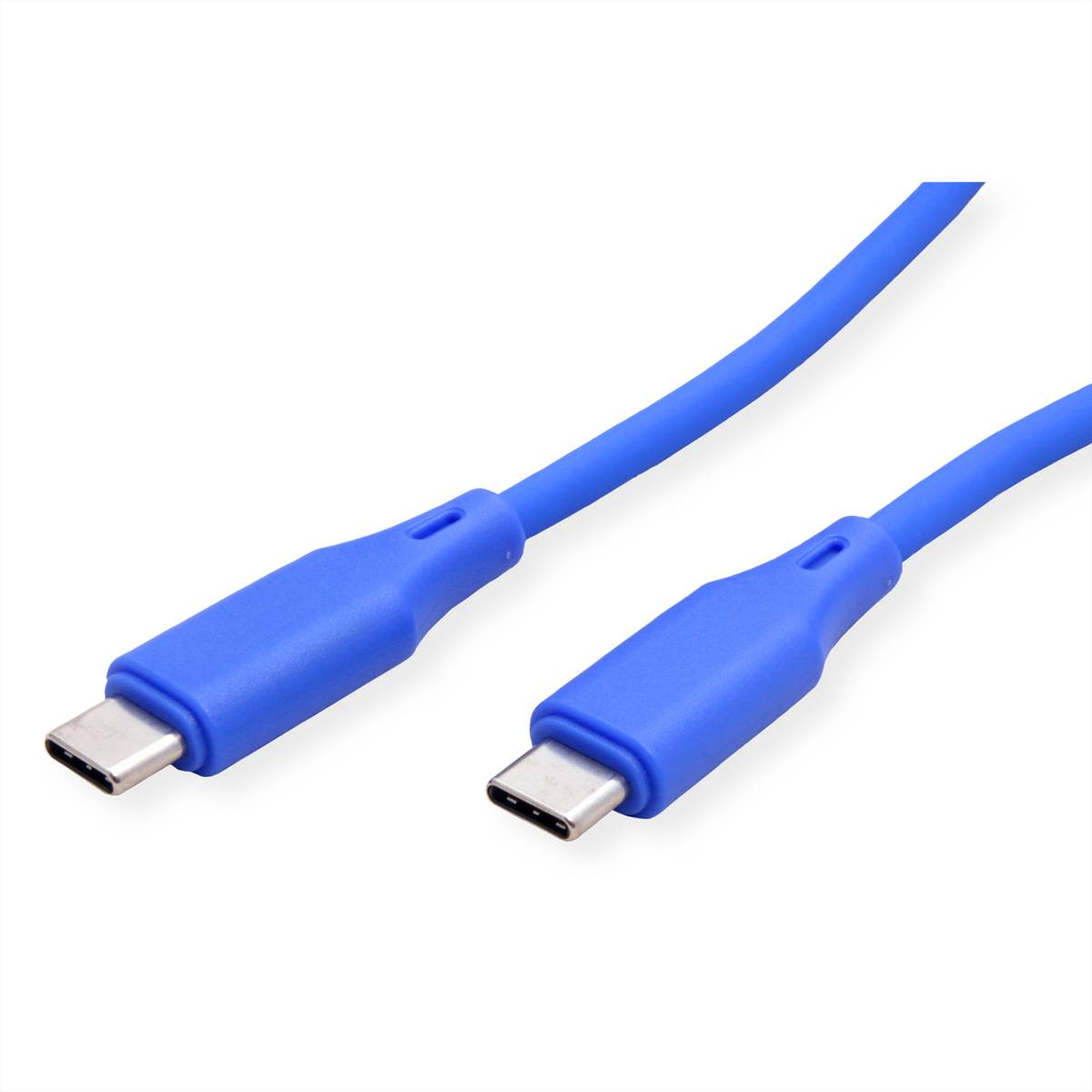 Zwei blaue USB-C-Anschlüsse auf passenden Kabeln vor weißem Hintergrund gezeigt.