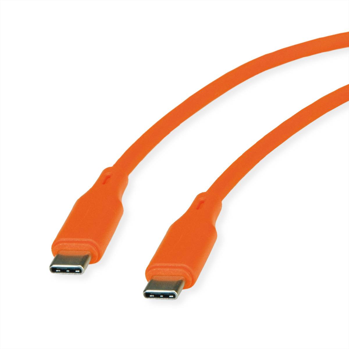 Zwei orangefarbene USB-C-Kabel mit passenden Anschlüssen auf weißem Hintergrund.